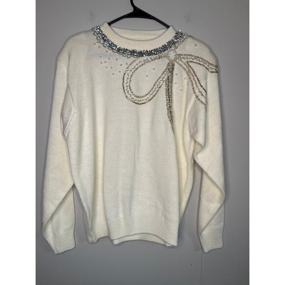 Alfred Dunner Sweaters - NWT Alfred Dunner Soft Cream Silver Pearl Bows Coquette Kawaii Kei Sweater XL